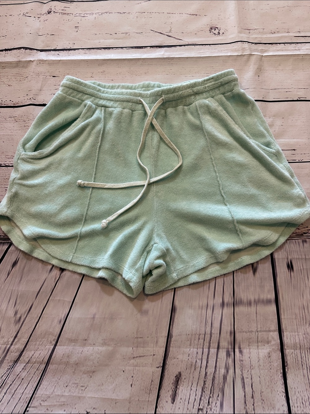 Shore Terry Drawstring Athletic Shorts in Mint Green